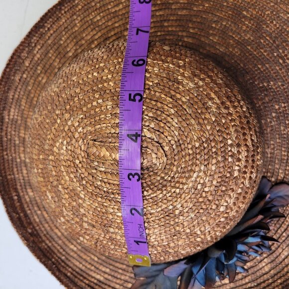 Brown Wide Brim Hat Light Braided Hat With Large Blue Flower Accent NEW! - Picture 9 of 11